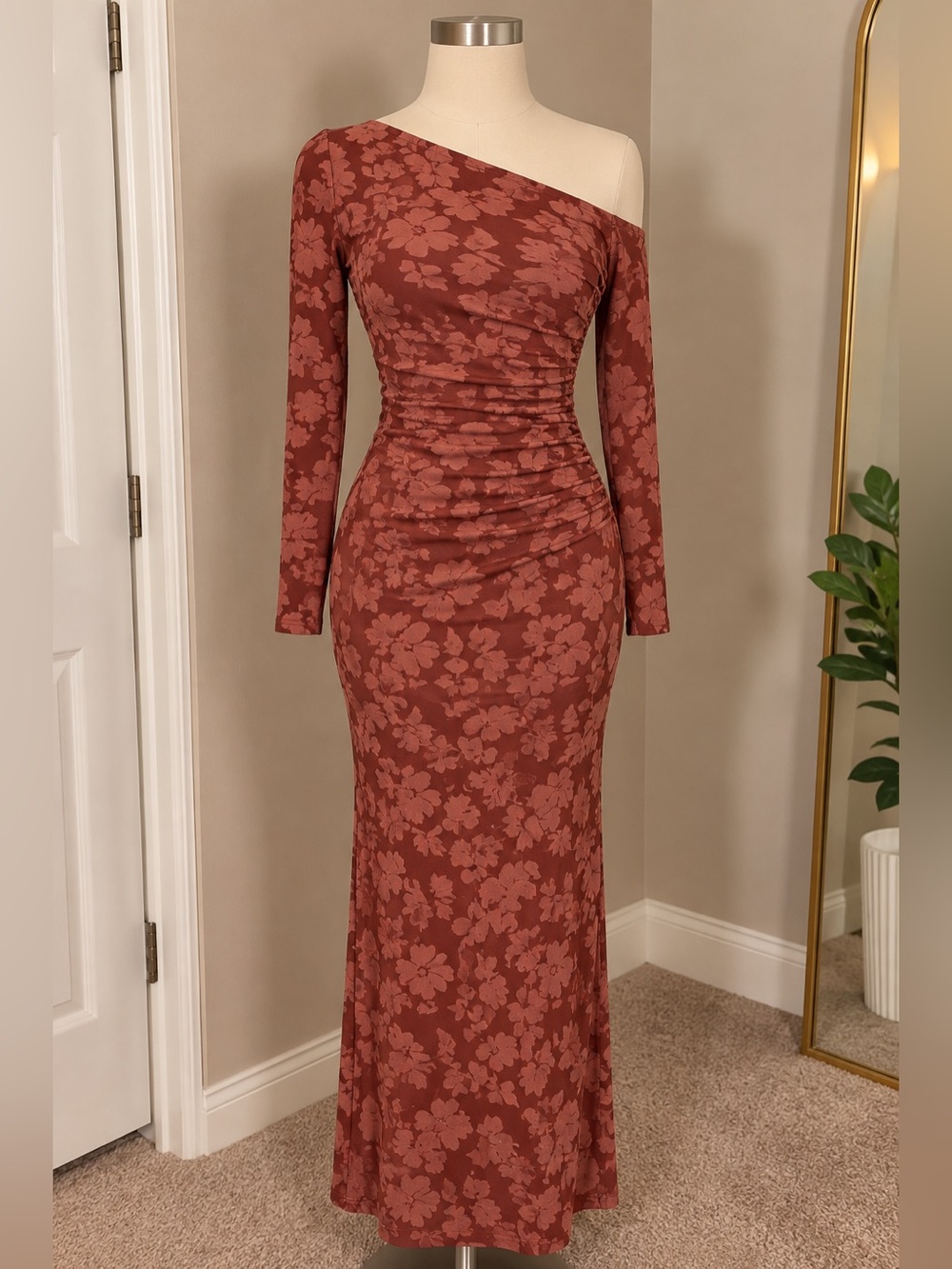 One-Shoulder Floral Ruched Maxi Dress - Rust